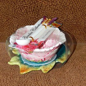 Corner Ruby Garden Collection Pink Peony Flower Tea Cup Leaf Saucer & Spoon NWT
